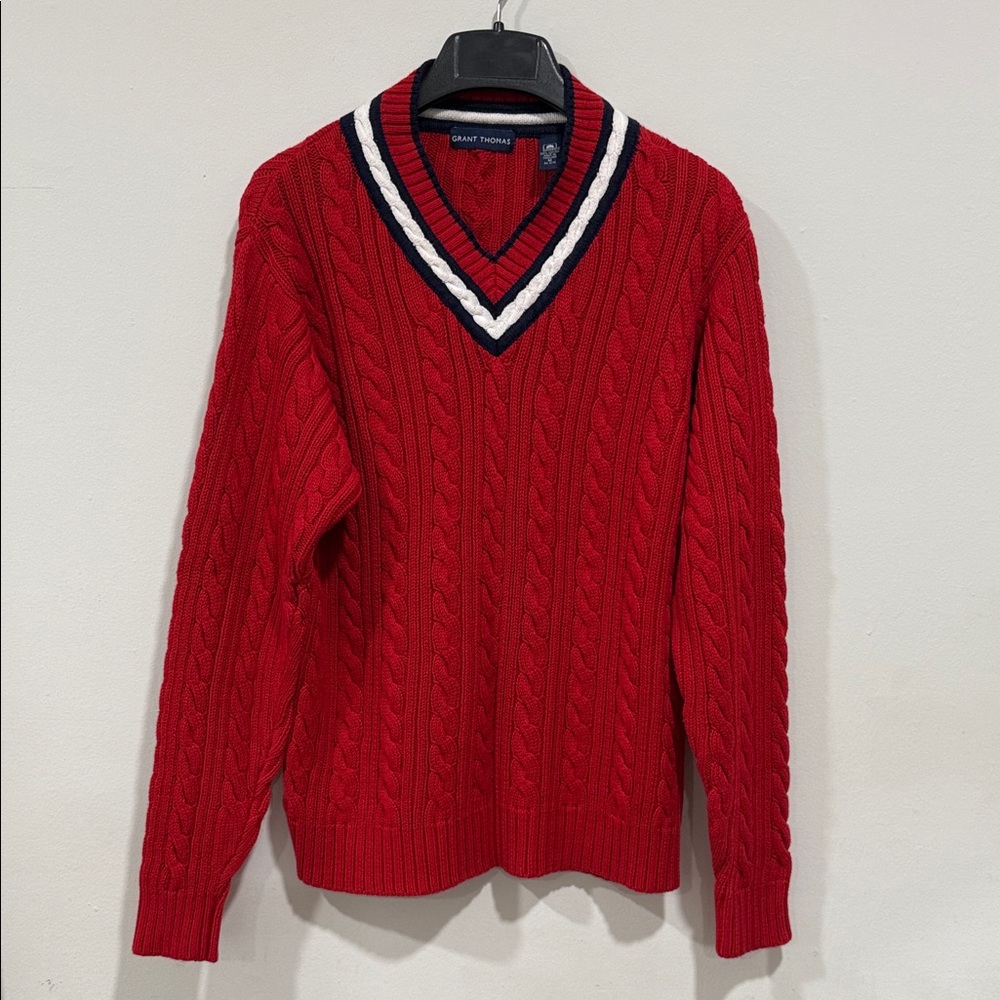 Preppy Grant Thomas Men’s Medium Cotton Red Cable Knit V-Neck Sweater